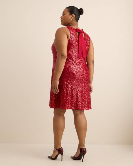 Red Flared Sleeveless Sequins Dress with Back Bow
