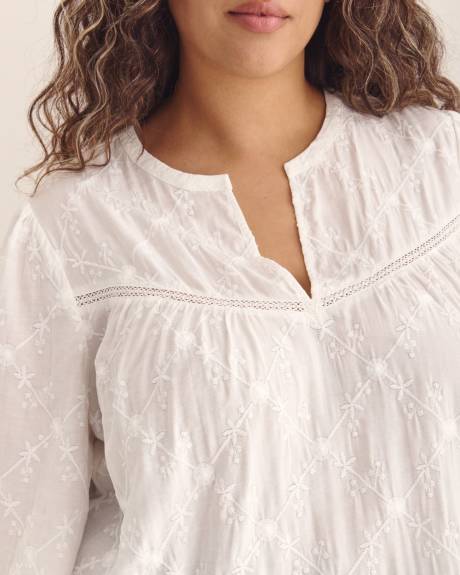Long-Sleeve Balloon Sleeve Blouse with Trim Detail