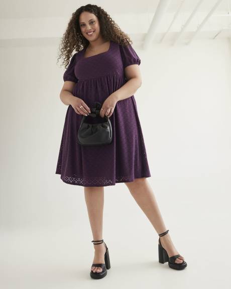 Eyelet Knit Dress with Balloon Sleeves