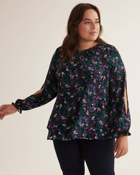 Blouse plissée noire fleurie, coupe trapèze, tissu responsable