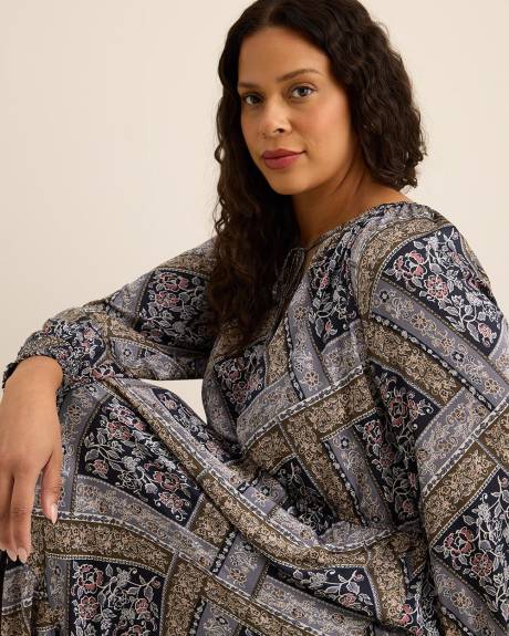 Patchwork-Print Flared Midi Dress with Smocked Cuffs