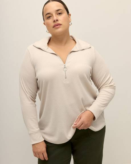 Mock Neck Waffle Knit Top with Zipper