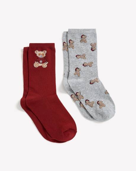 Bear-Print Crew Socks, Set of 2