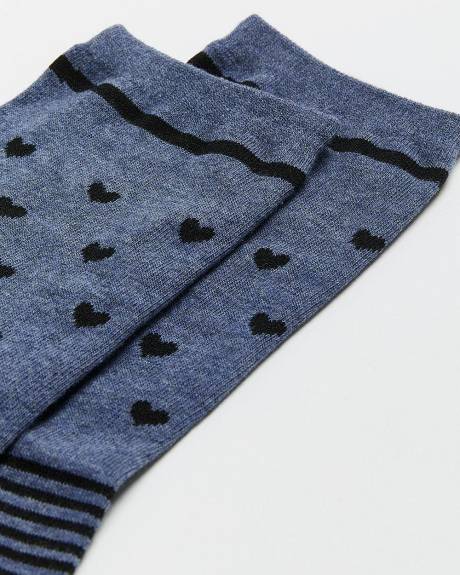 Blue Crew Socks with Stripes and Heart Print