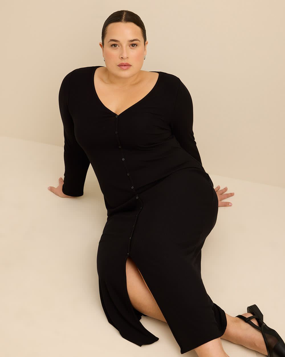 Chemise de nuit boutonn&eacute;e longue en tricot c&ocirc;tel&eacute; noir - ti Voglio