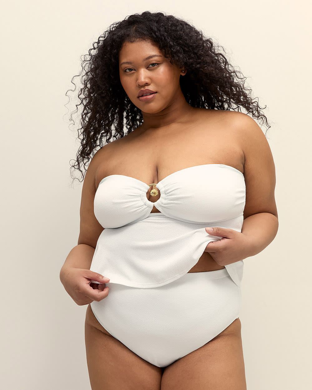 Textured White Bandeau Tankini Top