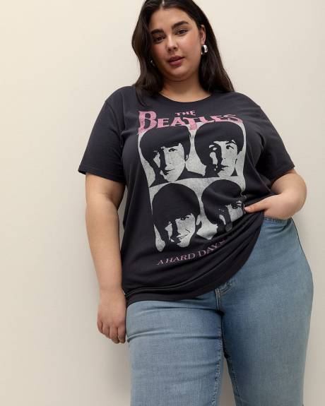 Black Short-Sleeve Crewneck Tee with The Beatles Print