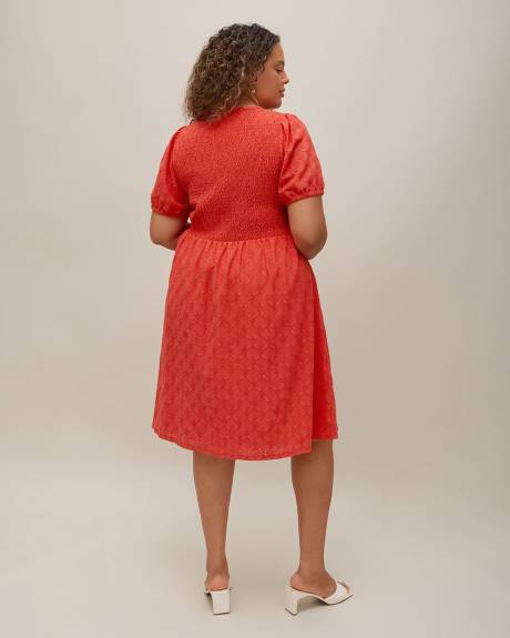 Eyelet Knit Dress with Short Balloon Sleeves