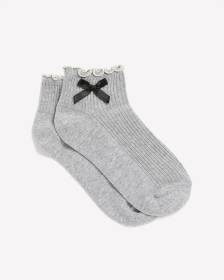 Grey Ribbed Lettuce-Edge Ankle Socks with Bow