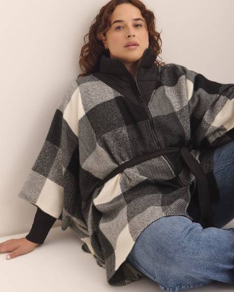 Black Plaid Puffer Neck Belted Cape