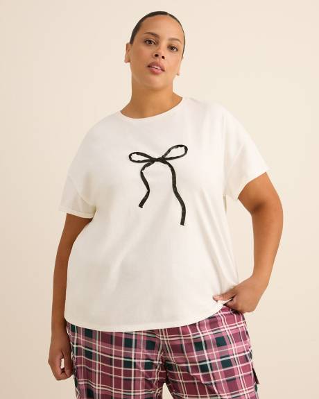 Boxy-Fit Short-Sleeve Crewneck Pyjama Tee with Satin Bow Appliqué - ti Voglio Boxy-Fit Short-Sleeve Crewneck Pyjama Tee with Satin Bow Appliqué - ti Voglio