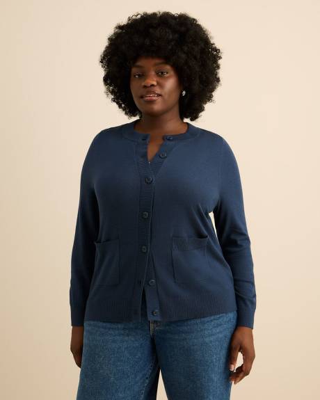 Responsible, Buttoned-Down Cotton Blend Crewneck Cardigan