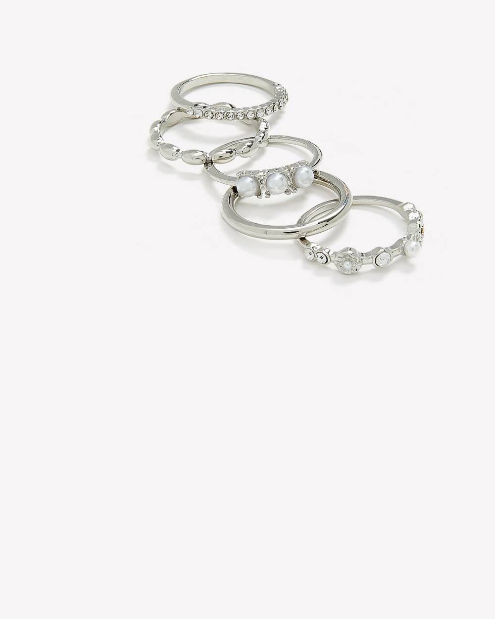 Silvery Rings with Pearls, Set of 5