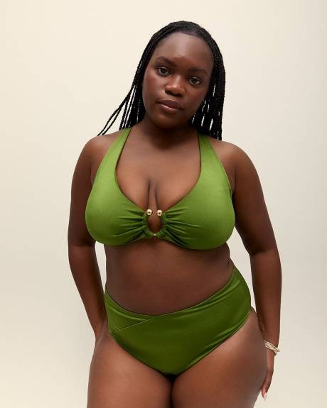 Green Satin Plunge Bikini Top with Ring