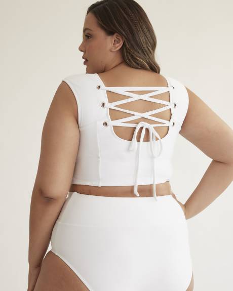 White Rib Longline Bikini Top with Lace-Up Back