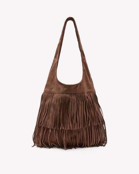 Sac fourre-tout en faux suède cognac avec franges