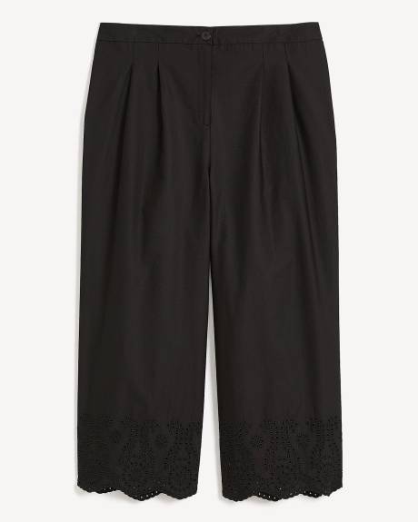 Black Wide-Leg Crop Pant with Embroidered Hem