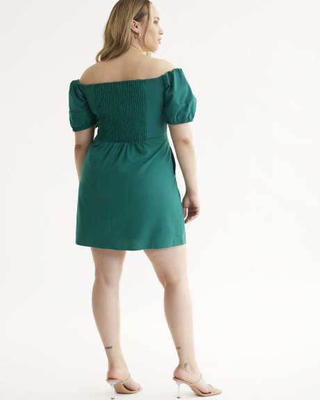 Blue-Green Off-the-Shoulder Sweet Paradise Linen Dress - City Chic