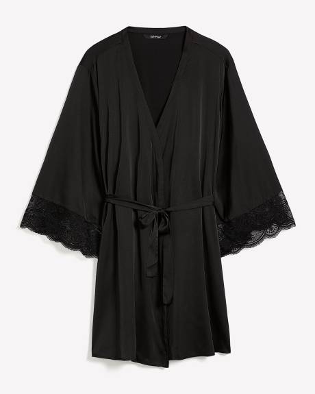 Black Sexy Satin Kimono Robe with Lace Cuffs - Déesse Collection