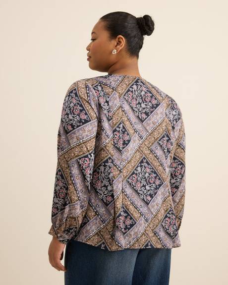 Blouse plissée évasée à manches longues avec motif courtepointe