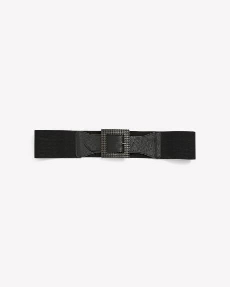 Black Wide Elastic Belt with Rhinestone Square Buckle
