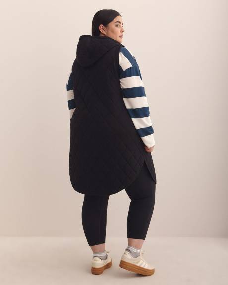 Long Black Quilted Vest with Hood - Active Zone