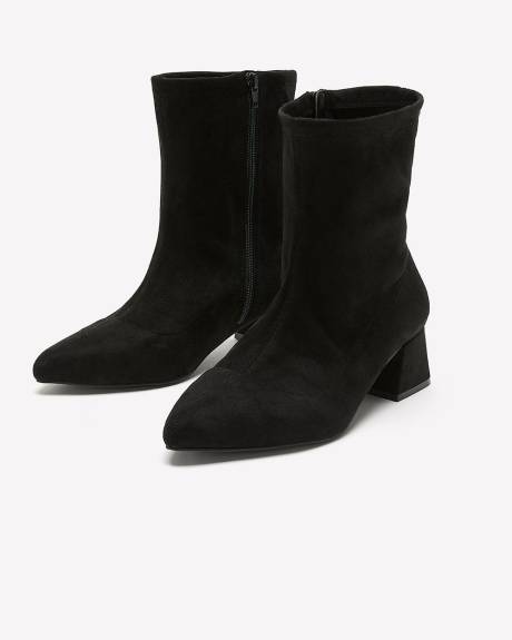 Extra Wide Width, Black Faux Suede Sock Bootie with Flared Block Heel