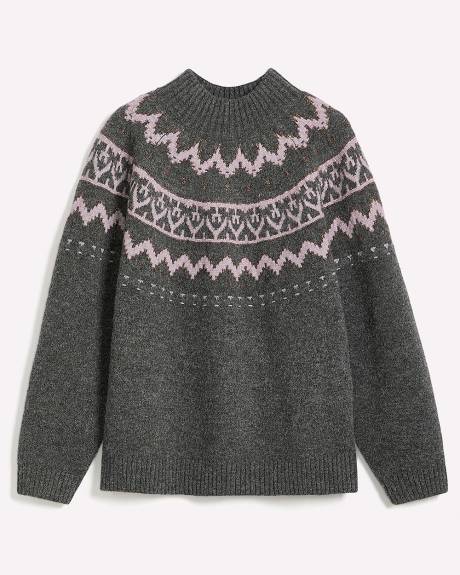 Grey Mock-Neck Sweater with Metallic Fair Isle Print Grey Mock-Neck Sweater with Metallic Fair Isle Print