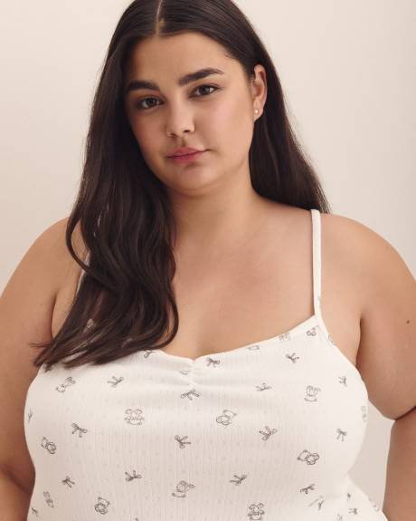 White Bear-Print Pointelle Cami with Shirring Neckline - ti Voglio