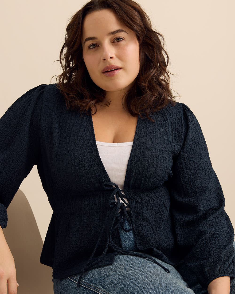 Textured Front-Tie Long-Sleeve Top