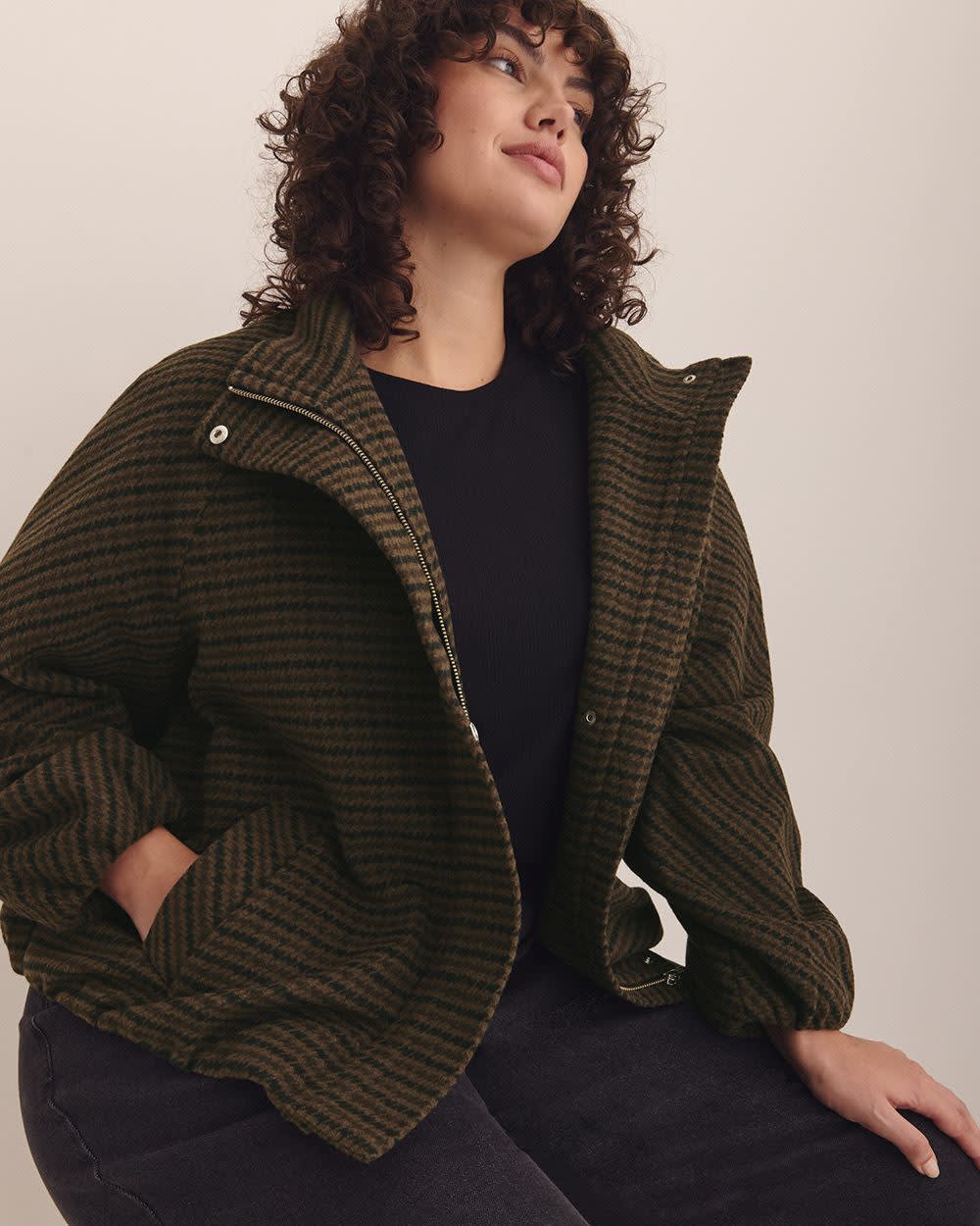 Houndstooth Balloon-Hem Bomber Jacket
