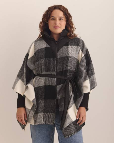 Black Plaid Puffer Neck Belted Cape