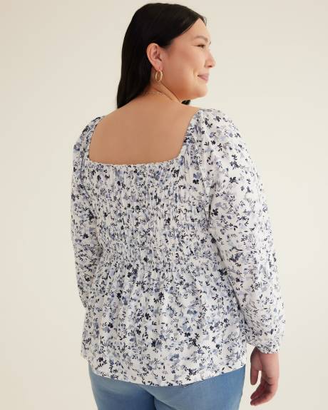 Floral-Print Smocked Square Neck Top