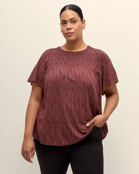 Flutter-Sleeve Knit Top with Smocked Detail