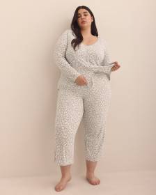 Grey Leopard-Print Cropped Ribbed Pyjama Pant - Déesse Collection