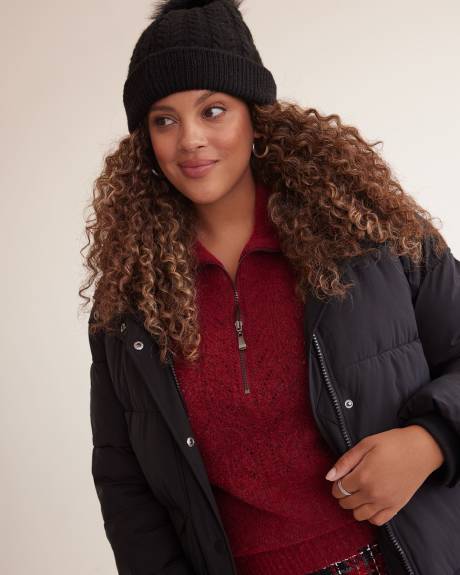 Black Cable Knit Cuff Beanie with Pom