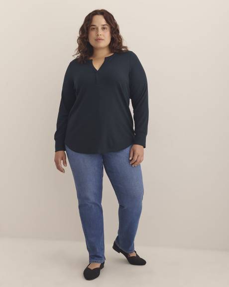 Long-Sleeve Split-Neck Waffle Knit Top