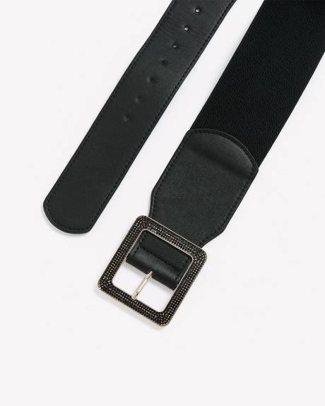 Black Elastic Belt with Rhinestone Square Buckle
