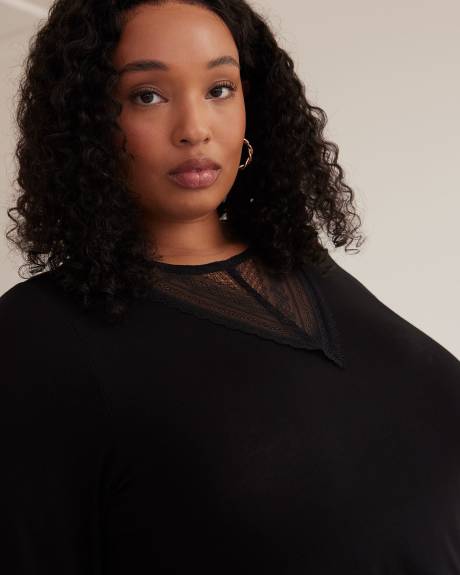 Responsible, Black Ribbed Knit Top with Lace Yoke