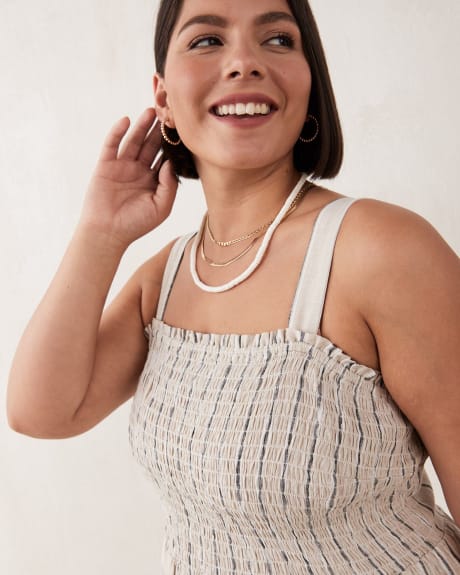 Linen Blend Stripe Dress WIth Smocking Detail