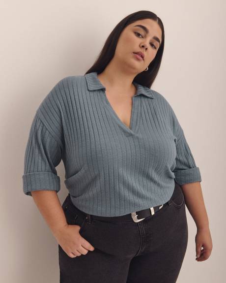 Ribbed Knit Polo Sweatshirt