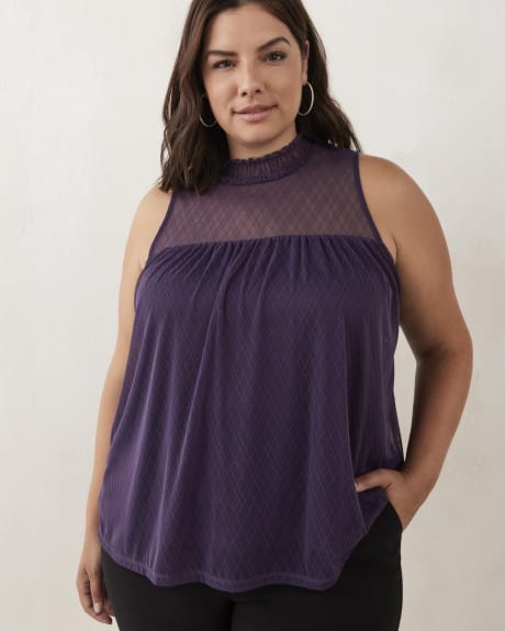 Solid Sleeveless Mesh Top with Mock Neckline