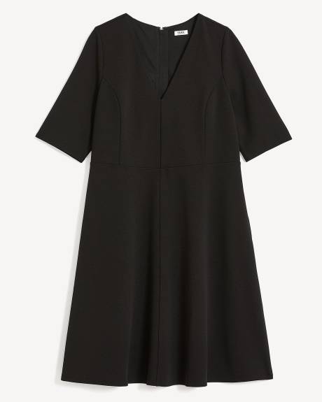 Black Fit-and-Flare Elbow-Sleeve Dress
