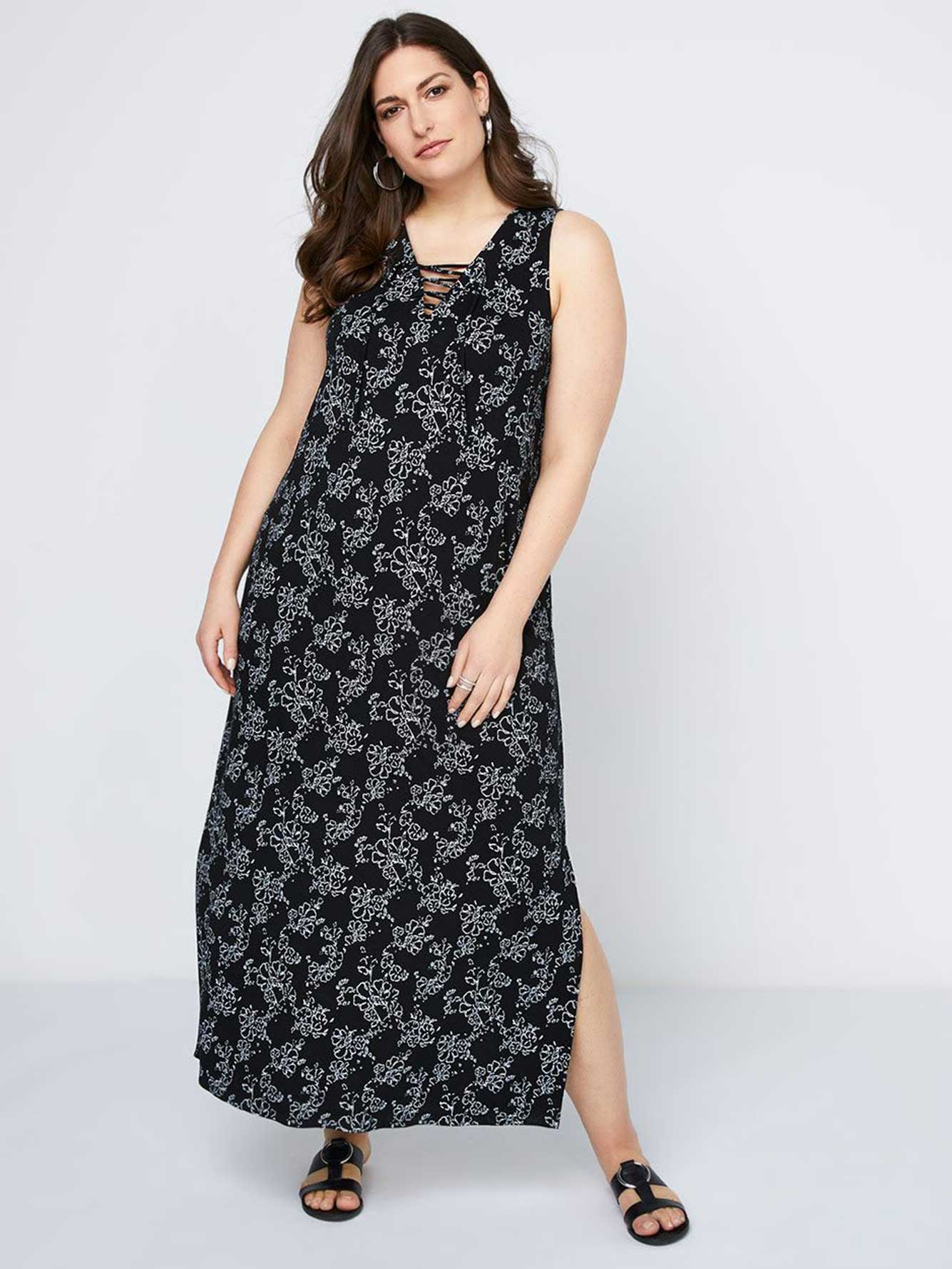 Sleeveless Printed Maxi Dress with Lace-Up - In Every Story | Penningtons