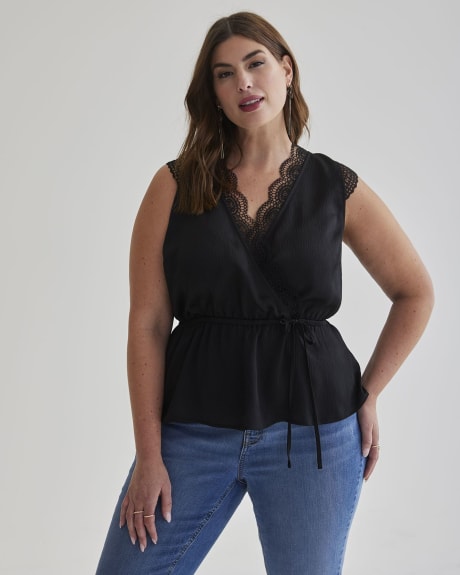 Solid Sleeveless Blouse with Lace - Addition Elle