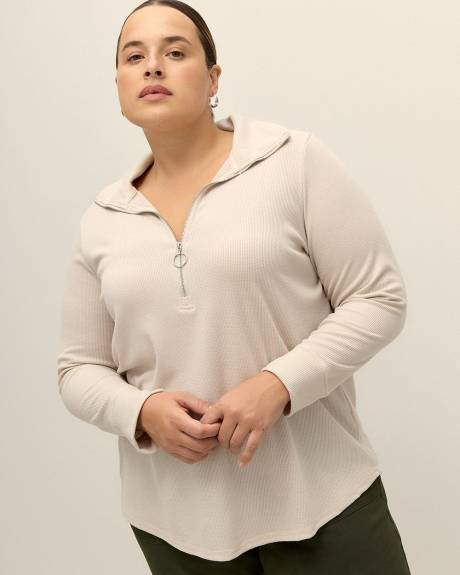 Mock Neck Waffle Knit Top with Zipper
