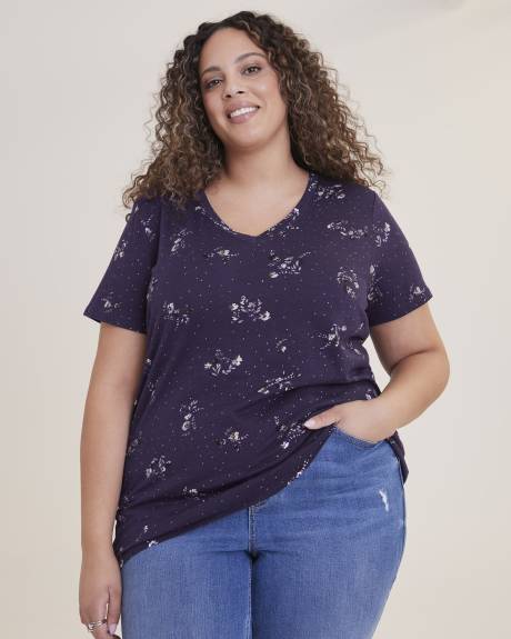T-shirt imprimé à manches courtes et col en V, coupe boyfriend