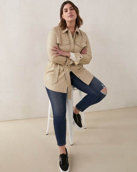 Solid PU Belted Shirt Jacket - Addition Elle