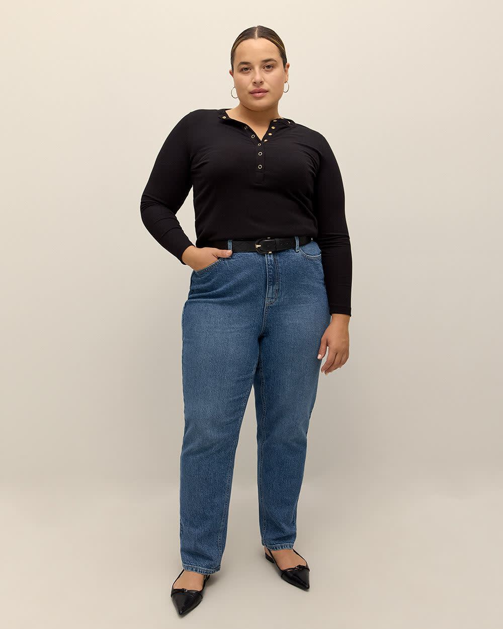 Pantalon en denim à jambe droite et taille haute, coupe galbée, tissu responsable - Addition Elle