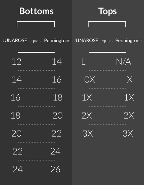 Penningtons Size Chart